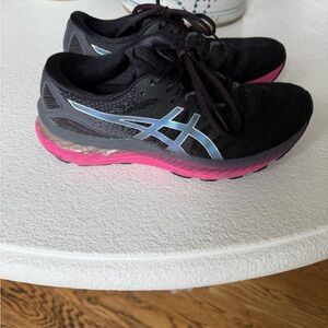 ASICS Women's Gel-Nimbus 23 Black Sneakers with Pink and Blue Accents